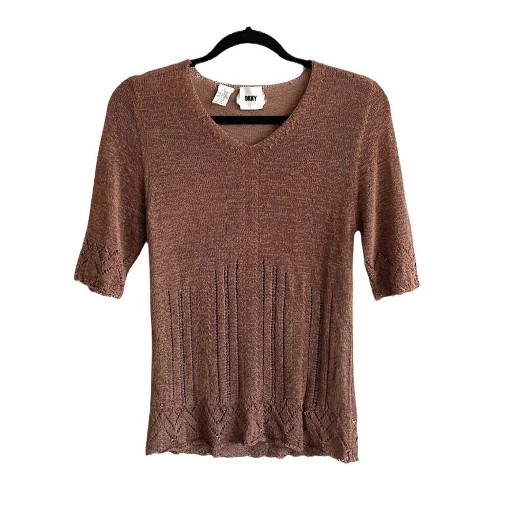 DKNY Lightweight Short Sleeve V-Neck Knit Sweater Rust Brown Copper L